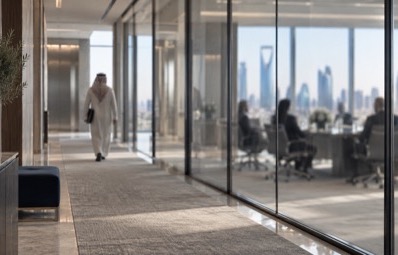A corridor outside a glass-walled boardroom in Riyadh; the board sits behind the glass, out of focus, while one figure seen from behind walks away toward the lifts with a folder under his arm.
