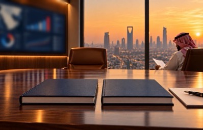 Two identical navy bound reports side by side on a boardroom table in Riyadh at sunset; behind them one chair stands empty and in the other a man in a thobe and shemagh reads a page, out of focus.