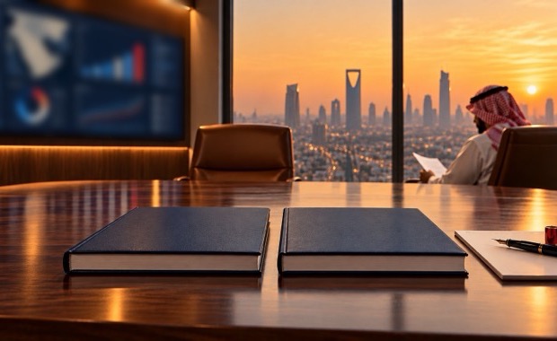 Two identical navy bound reports side by side on a boardroom table in Riyadh at sunset; behind them one chair stands empty and in the other a man in a thobe and shemagh reads a page, out of focus.