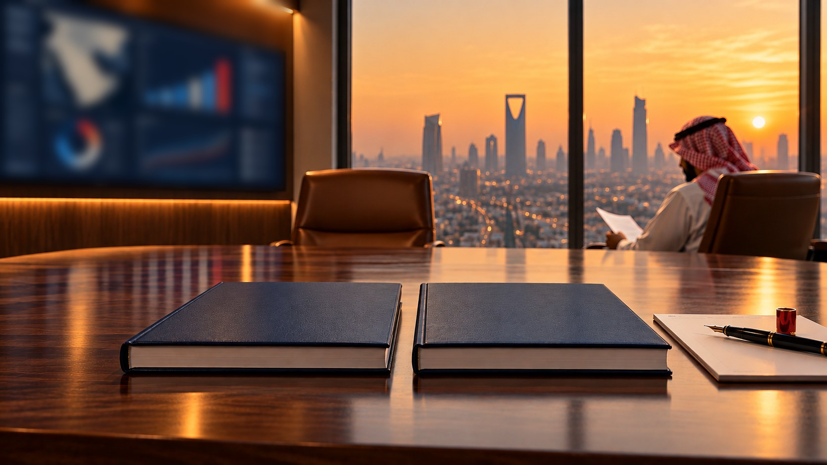Two identical navy bound reports side by side on a boardroom table in Riyadh at sunset; behind them one chair stands empty and in the other a man in a thobe and shemagh reads a page, out of focus.